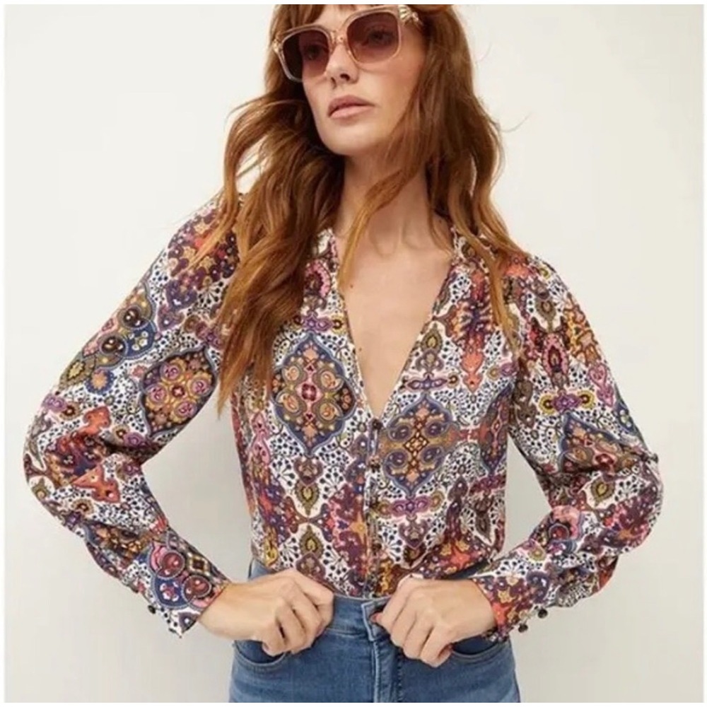 Veronica Beard Sura Tapestry Paisley Print V Neck Long Sleeve Blouse 14 boho